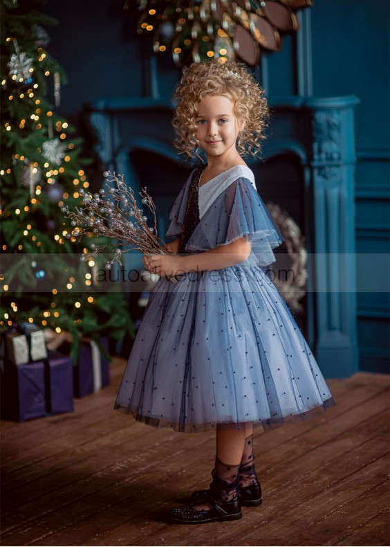 V Neck Two-tone Blue Sequin Pearls Tulle Fashion Flower Girl Dress